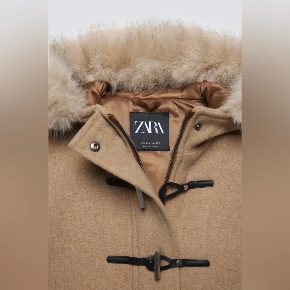 Zara Kids Light Brown Wool Blend Hooded Coat with Faux Fur Trim. Size 13-14.